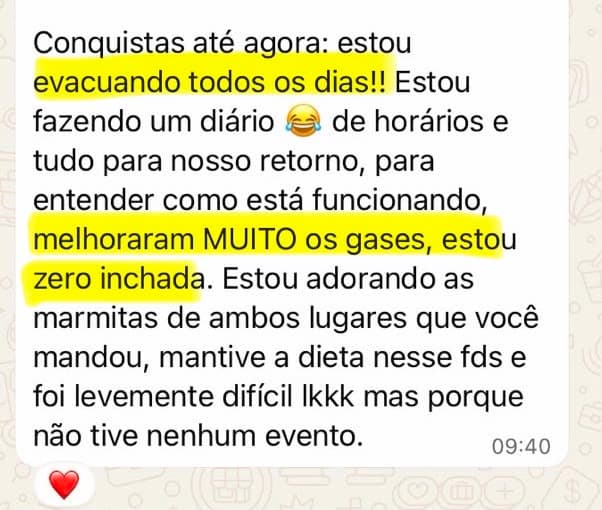 Mensagem de Maria Clara no WhatsApp: está evacuando todos os dias, os gases melhoraram muito e está zero inchada.