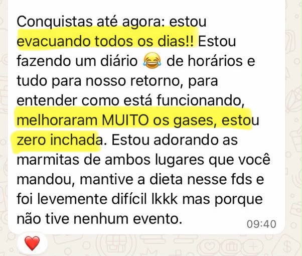 Mensagem de Maria Clara no WhatsApp: está evacuando todos os dias, os gases melhoraram muito e está zero inchada.