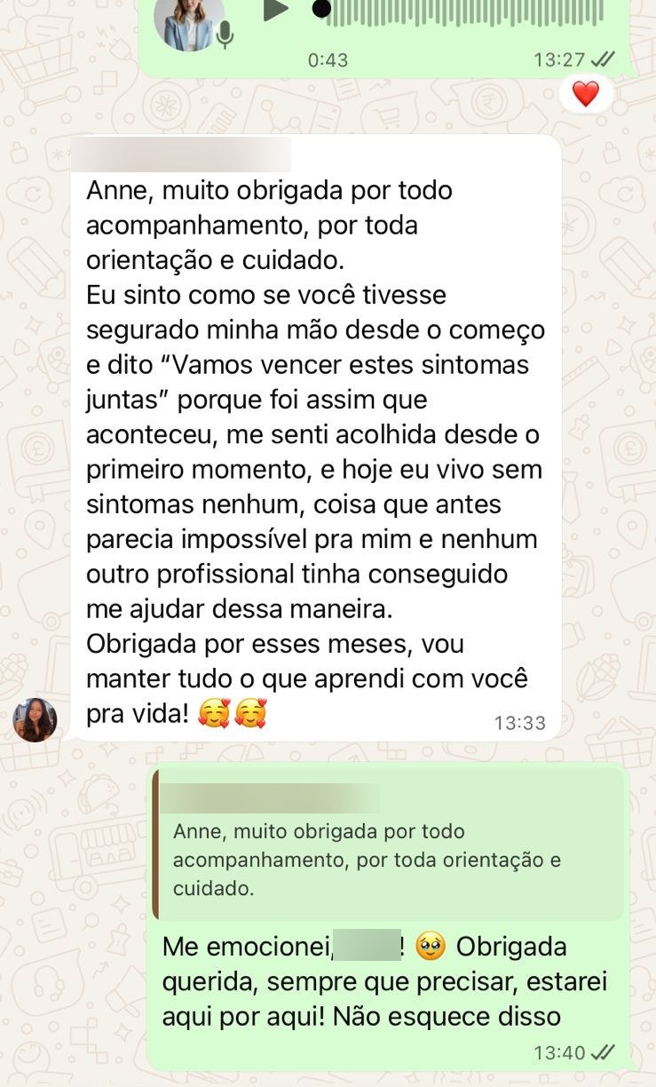Conversa de Rafaelly no WhatsApp: sentiu a Anne segurar a mão dela desde o começo e hoje vive sem sintoma nenhum.